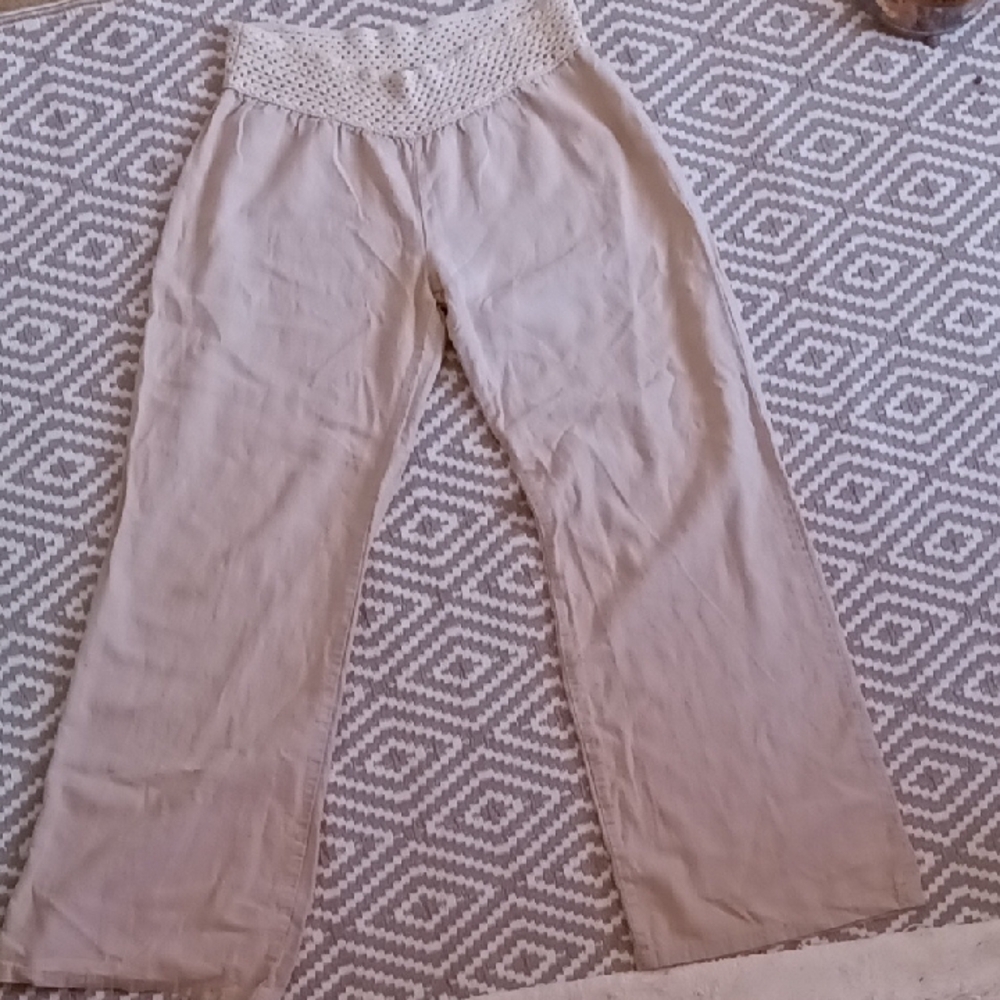 Beige Wide-Leg Pants with Crocheted Waistband Linen Blend Size Large Angel Kiss